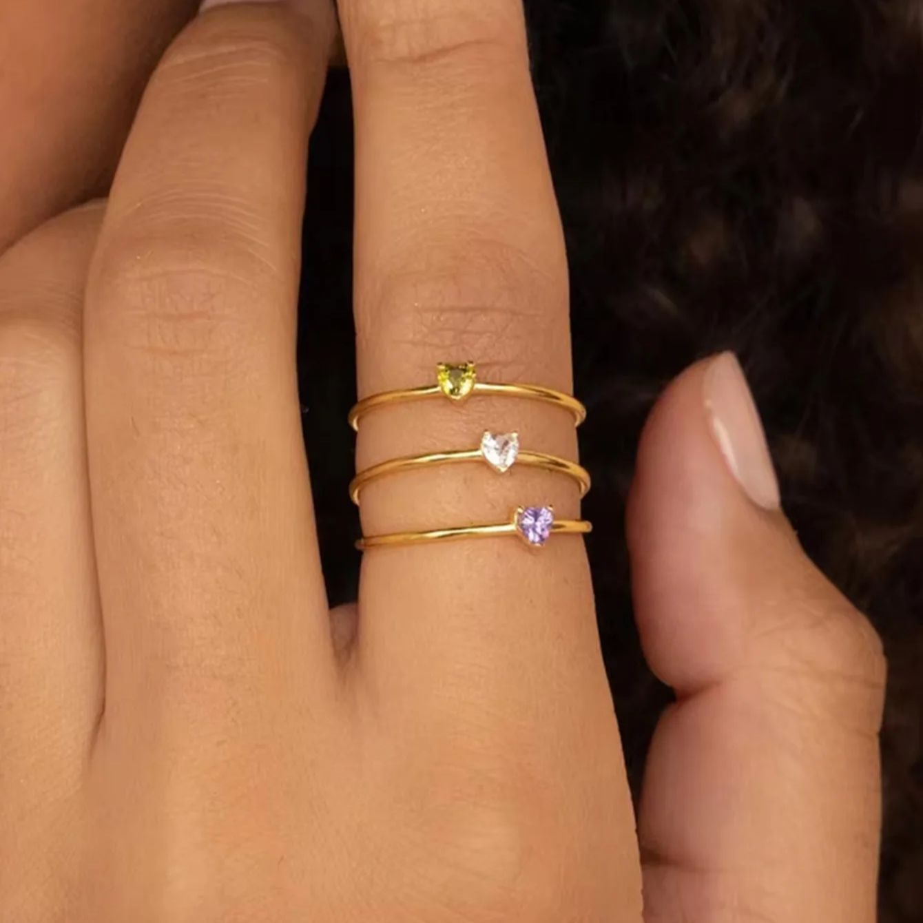 Birthstone Ring Set - 12 Birthstone Zirconia Heart Rings for