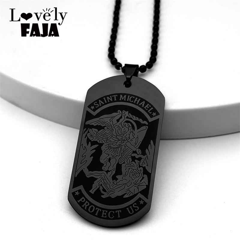 Mens Dog Tag Necklace - SAINT MICHAEL PROTECT US Archangel Stainless
