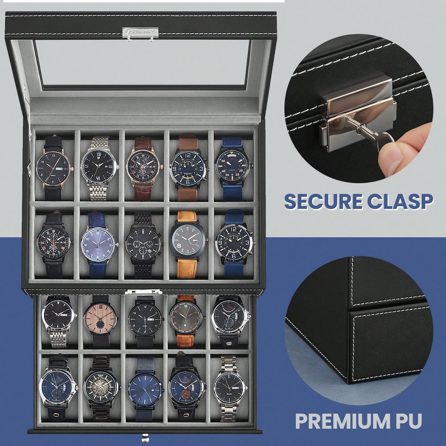 20-Slot Watch Box with Glass L - Jewelry Watches For Women recension och pris