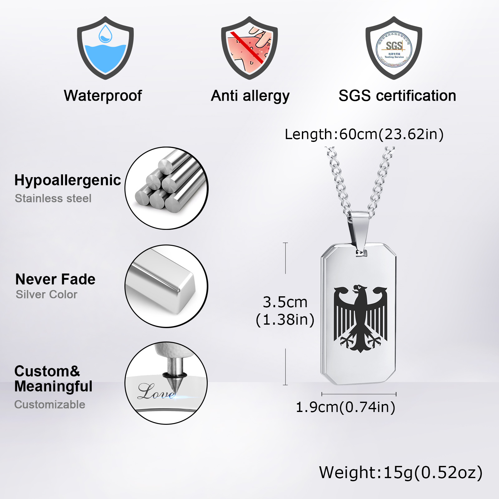 German Eagle Square Neckalces  - Mens Dog Tag Necklace recension och pris